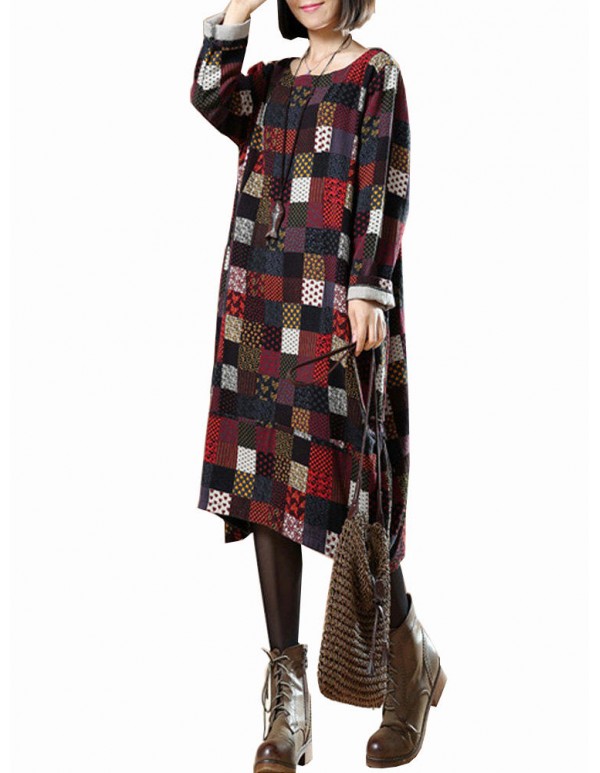 L-5XL Vintage Women Color Block Printed Dress