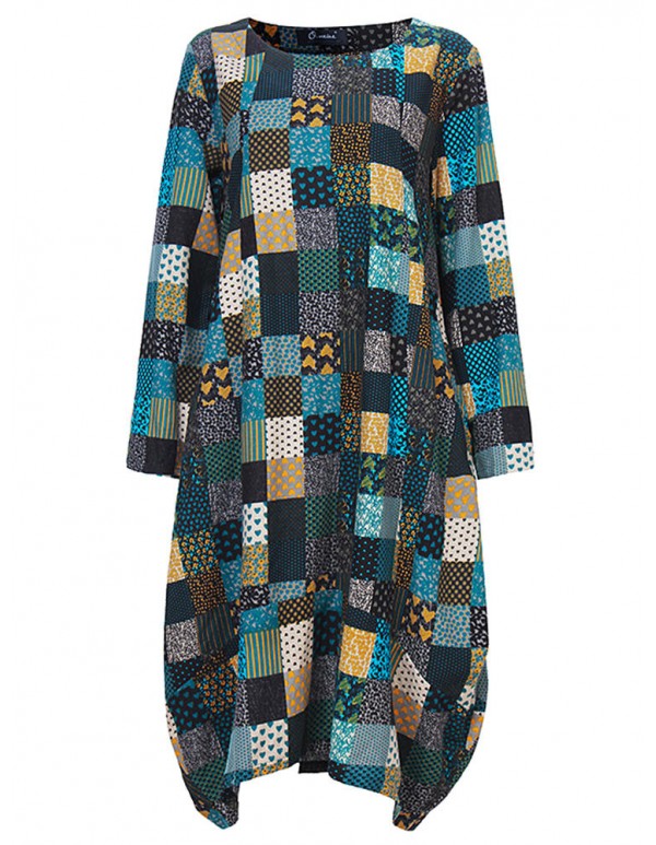 L-5XL Vintage Women Color Block Printed Dress