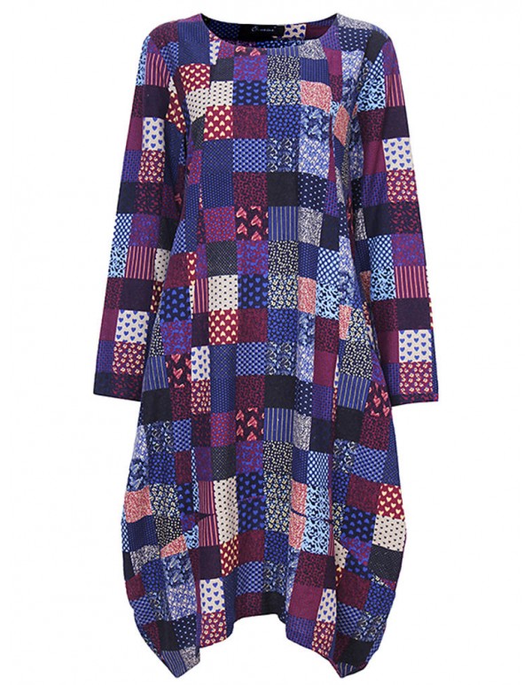 L-5XL Vintage Women Color Block Printed Dress