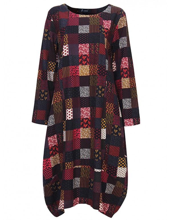 L-5XL Vintage Women Color Block Printed Dress