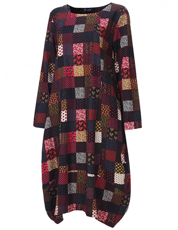 L-5XL Vintage Women Color Block Printed Dress