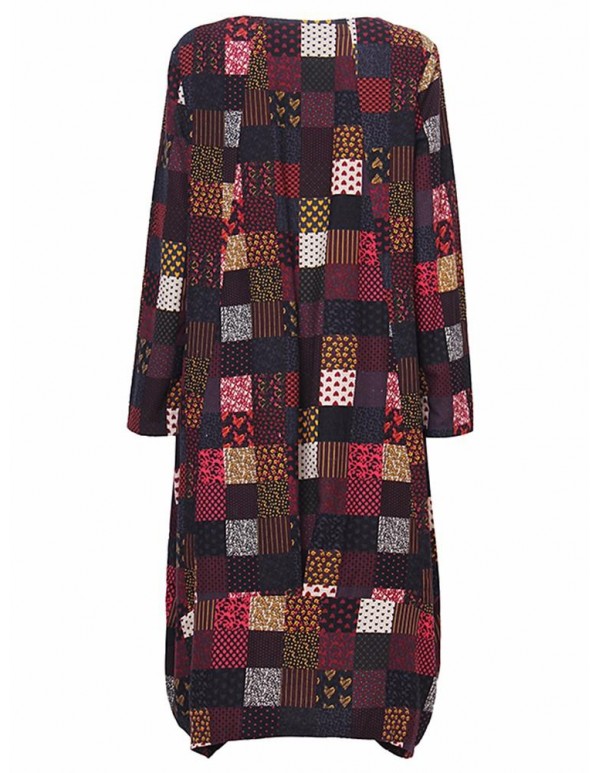 L-5XL Vintage Women Color Block Printed Dress