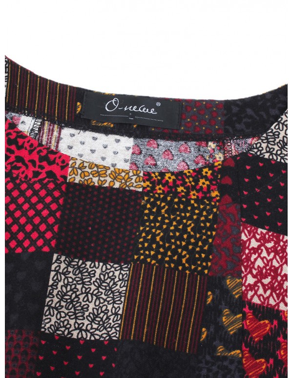 L-5XL Vintage Women Color Block Printed Dress