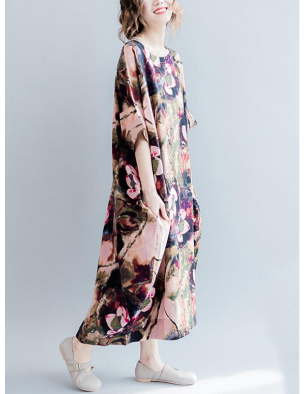 Casual S-5XL Women Loose Lotus Printing Dress