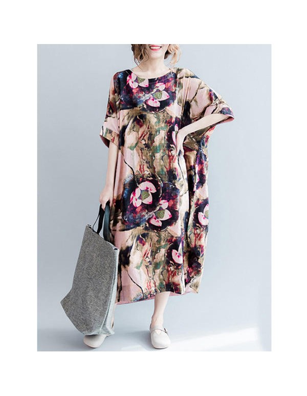 Casual S-5XL Women Loose Lotus Printing Dress