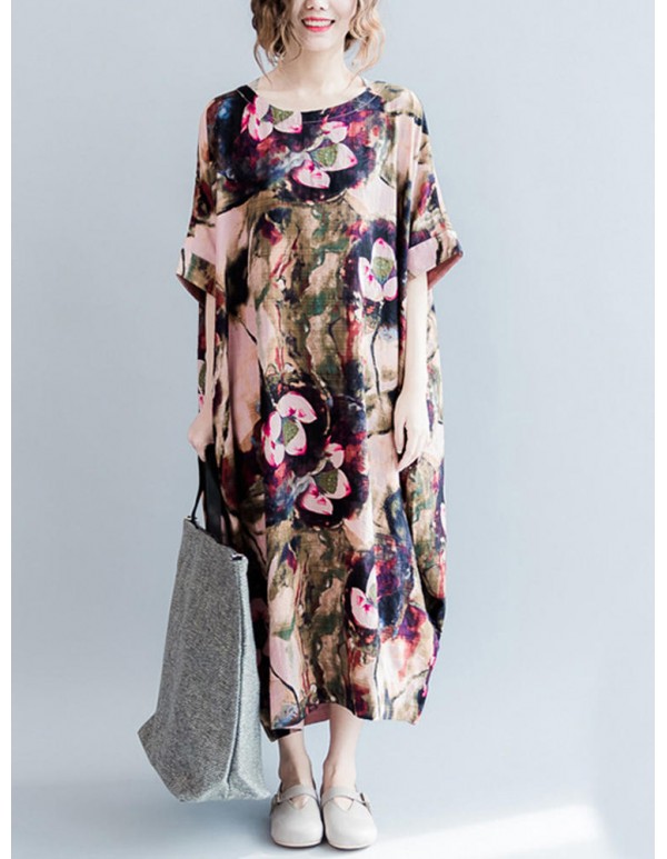 Casual S-5XL Women Loose Lotus Printing Dress