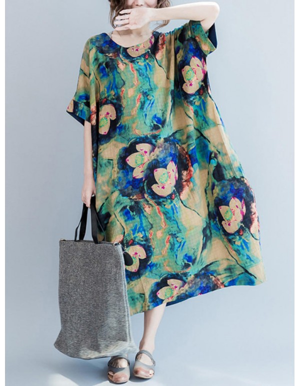 Casual S-5XL Women Loose Lotus Printing Dress
