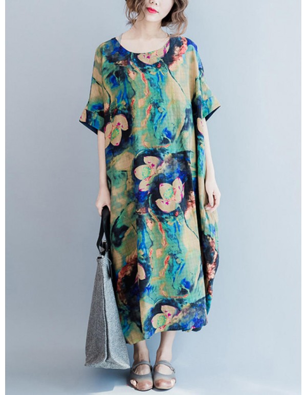 Casual S-5XL Women Loose Lotus Printing Dress