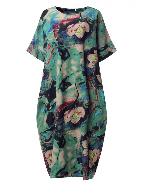 Casual S-5XL Women Loose Lotus Printing Dress