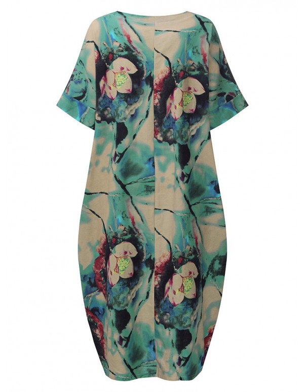 Casual S-5XL Women Loose Lotus Printing Dress