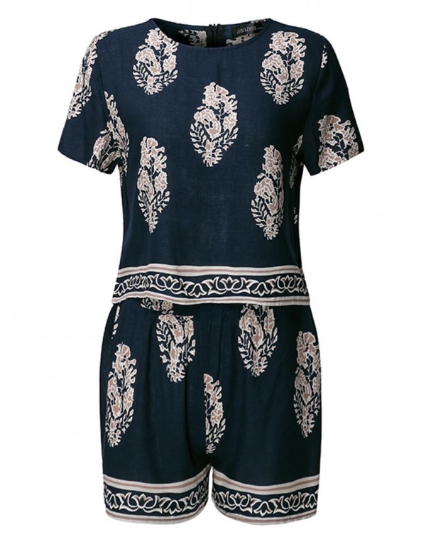 Bohemian Floral Short Sleeve Tops Short Pants Summer Beach Suits