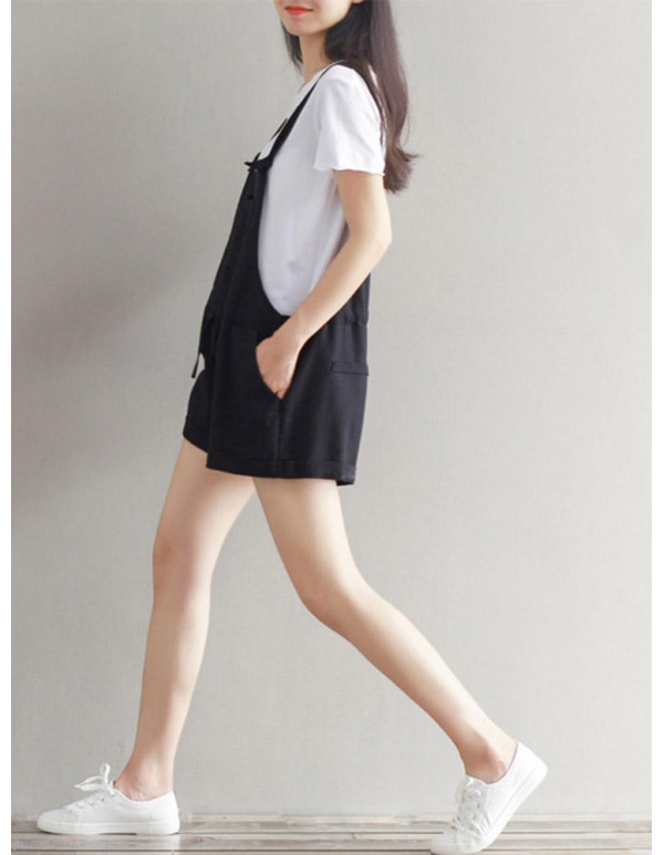 Casual Women Pure Color Drawstring Waist Overall Shorts