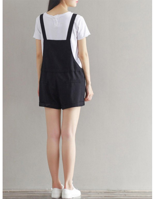 Casual Women Pure Color Drawstring Waist Overall Shorts