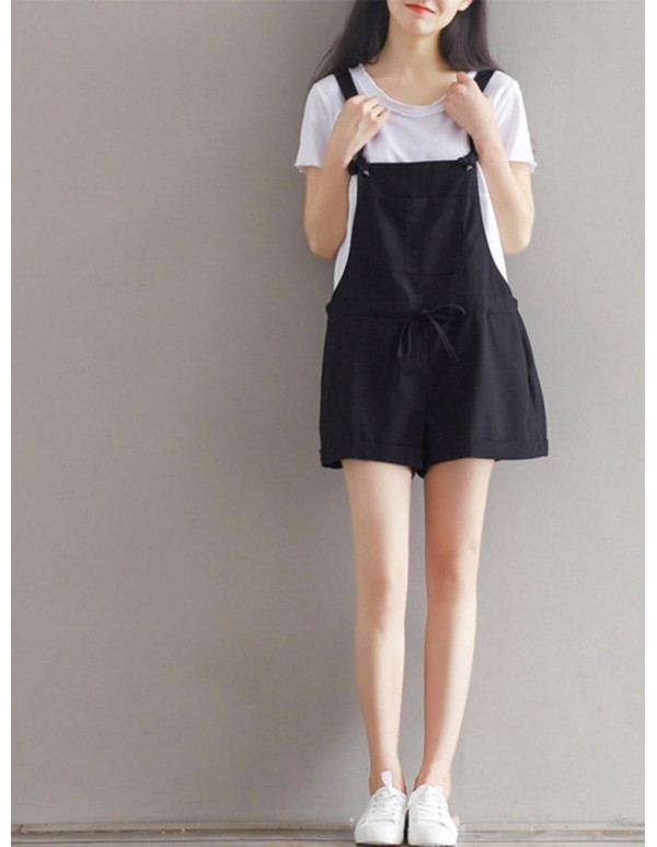 Casual Women Pure Color Drawstring Waist Overall Shorts