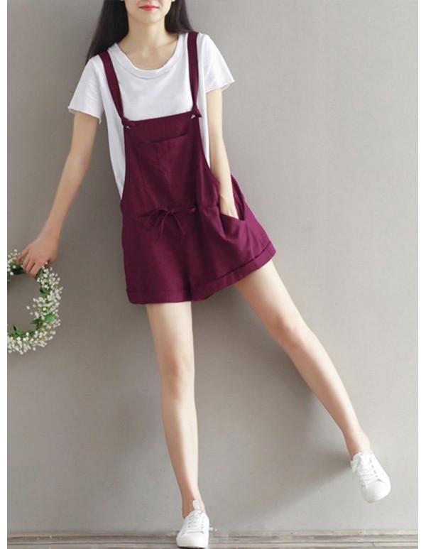 Casual Women Pure Color Drawstring Waist Overall Shorts