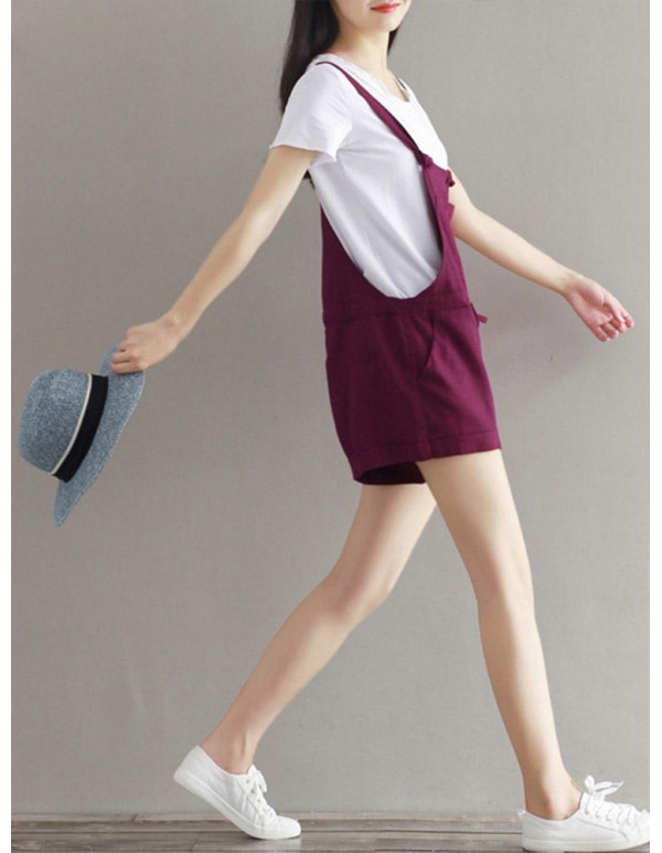 Casual Women Pure Color Drawstring Waist Overall Shorts