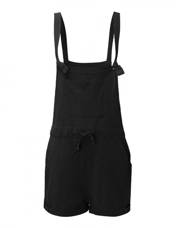 Casual Women Pure Color Drawstring Waist Overall Shorts