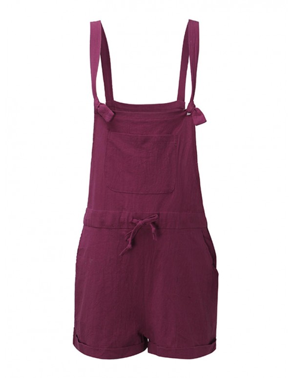 Casual Women Pure Color Drawstring Waist Overall Shorts