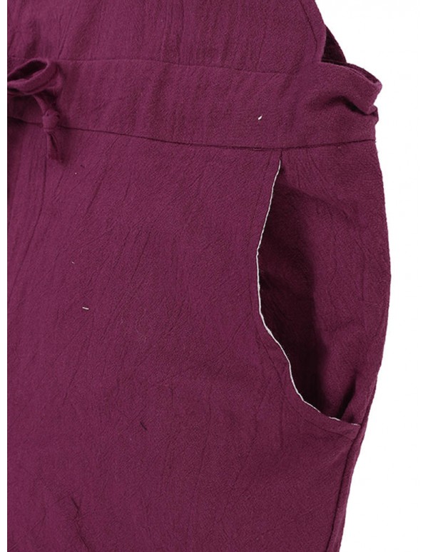 Casual Women Pure Color Drawstring Waist Overall Shorts