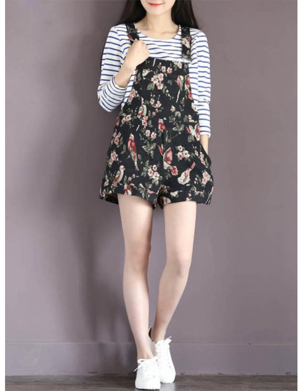 Navy Casual Floral Printed Overall Shorts For Women