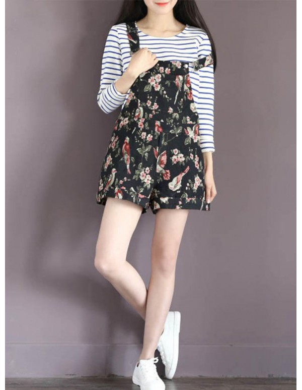 Navy Casual Floral Printed Overall Shorts For Women