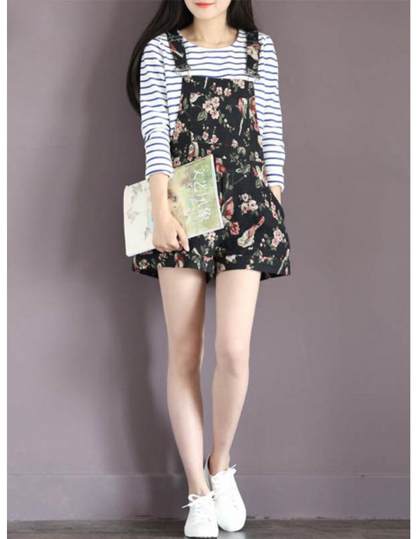 Navy Casual Floral Printed Overall Shorts For Women