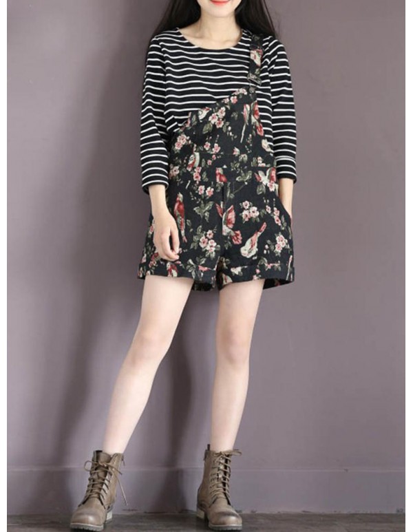 Navy Casual Floral Printed Overall Shorts For Women