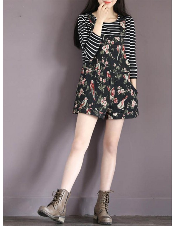 Navy Casual Floral Printed Overall Shorts For Women