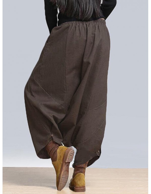 Casual Women Solid Elastic Waist Pockets Harem Pants