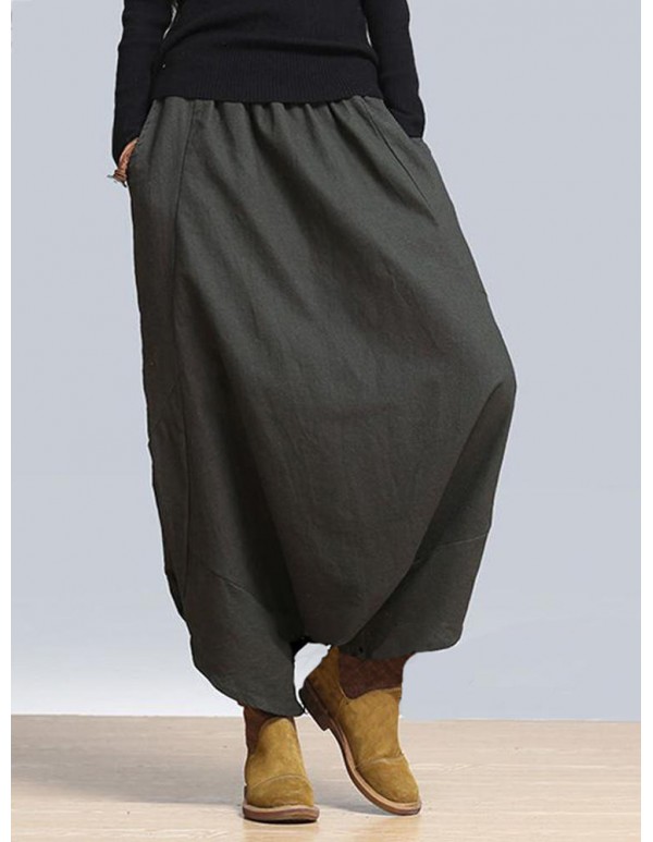 Casual Women Solid Elastic Waist Pockets Harem Pants