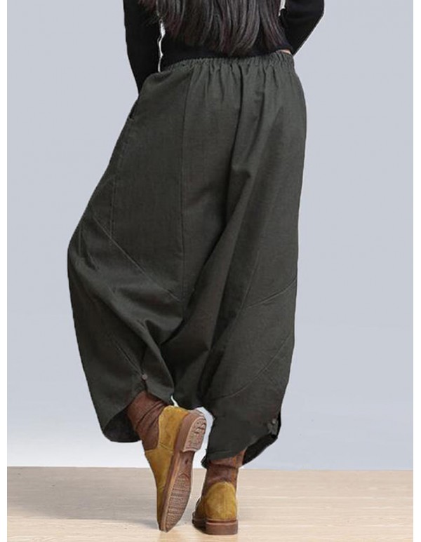 Casual Women Solid Elastic Waist Pockets Harem Pants