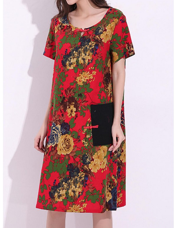 Women Chinese Style Dress Short Sleeve Pockets Floral Printed Dresses