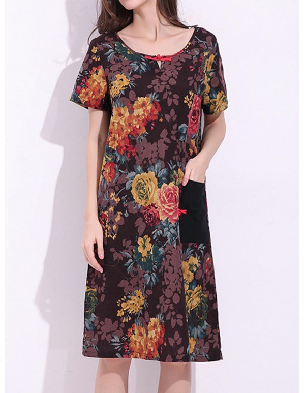 Women Chinese Style Dress Short Sleeve Pockets Floral Printed Dresses