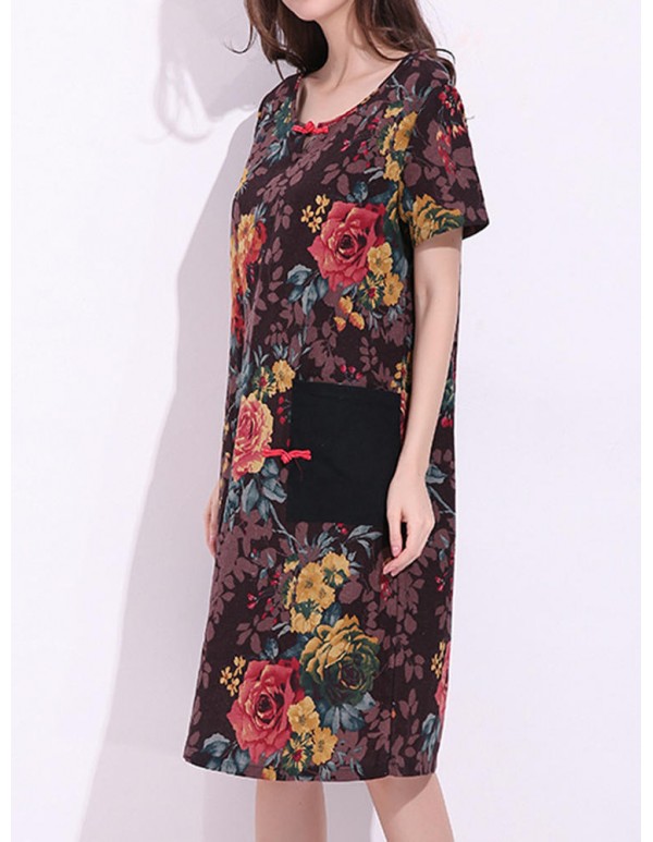 Women Chinese Style Dress Short Sleeve Pockets Floral Printed Dresses