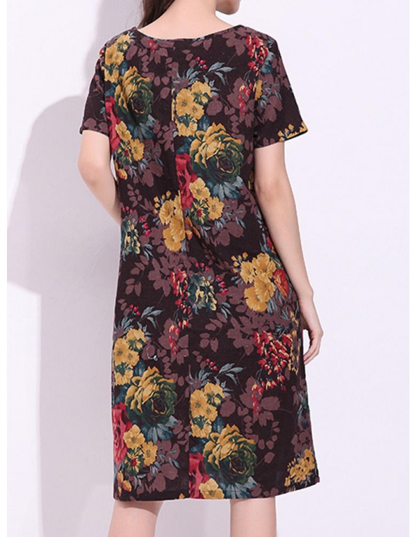 Women Chinese Style Dress Short Sleeve Pockets Floral Printed Dresses