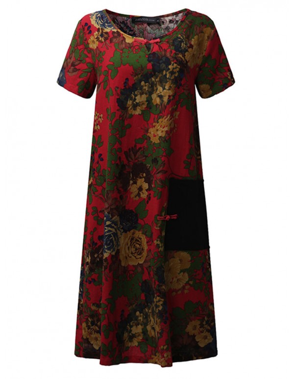 Women Chinese Style Dress Short Sleeve Pockets Floral Printed Dresses