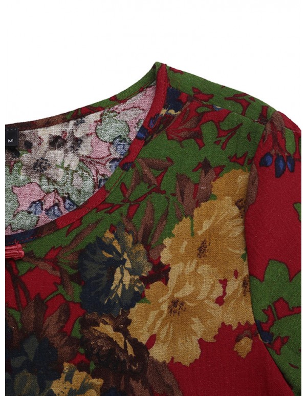 Women Chinese Style Dress Short Sleeve Pockets Floral Printed Dresses