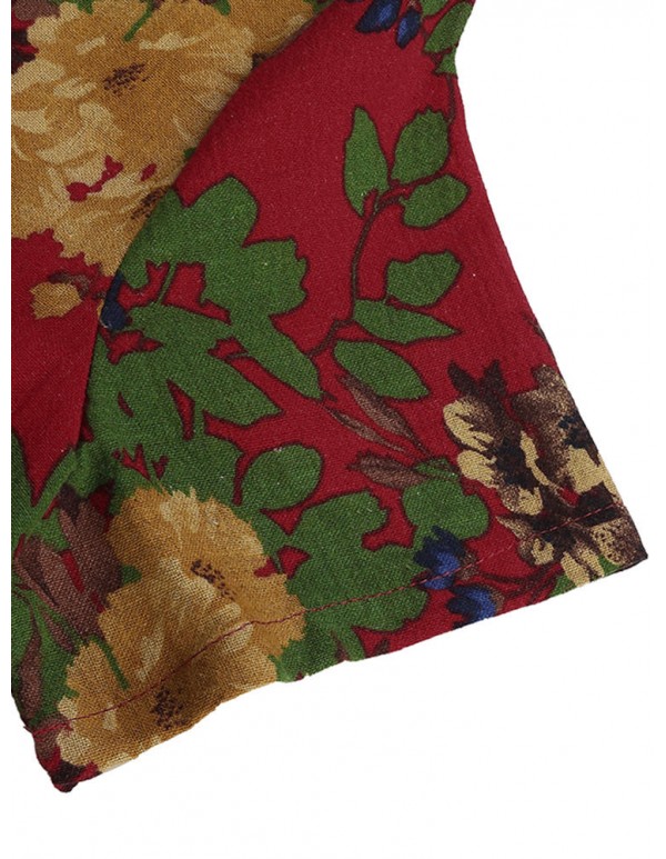 Women Chinese Style Dress Short Sleeve Pockets Floral Printed Dresses