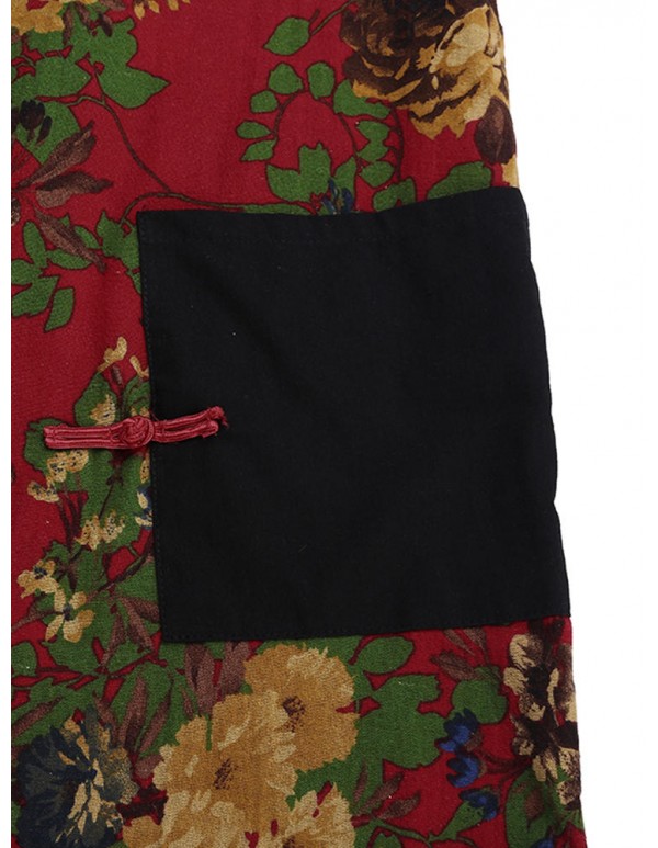 Women Chinese Style Dress Short Sleeve Pockets Floral Printed Dresses