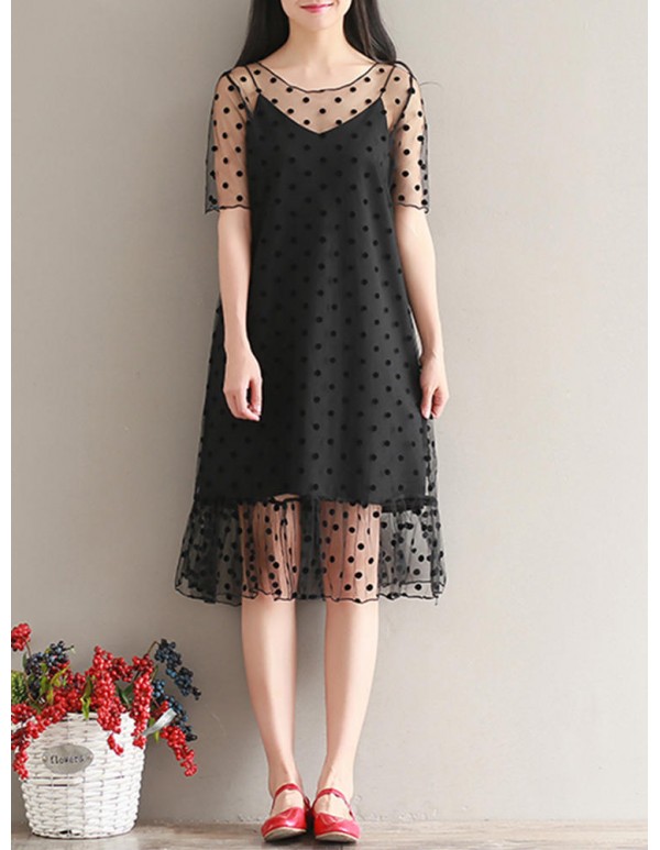 S-3XL Casual Women Dot Two Piece Dress