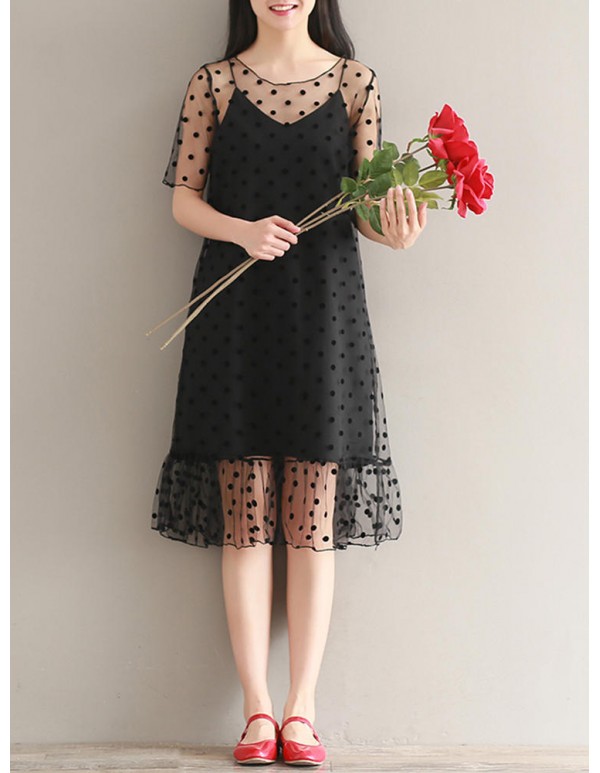 S-3XL Casual Women Dot Two Piece Dress