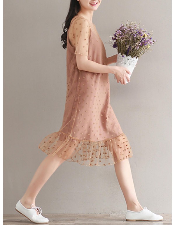 S-3XL Casual Women Dot Two Piece Dress