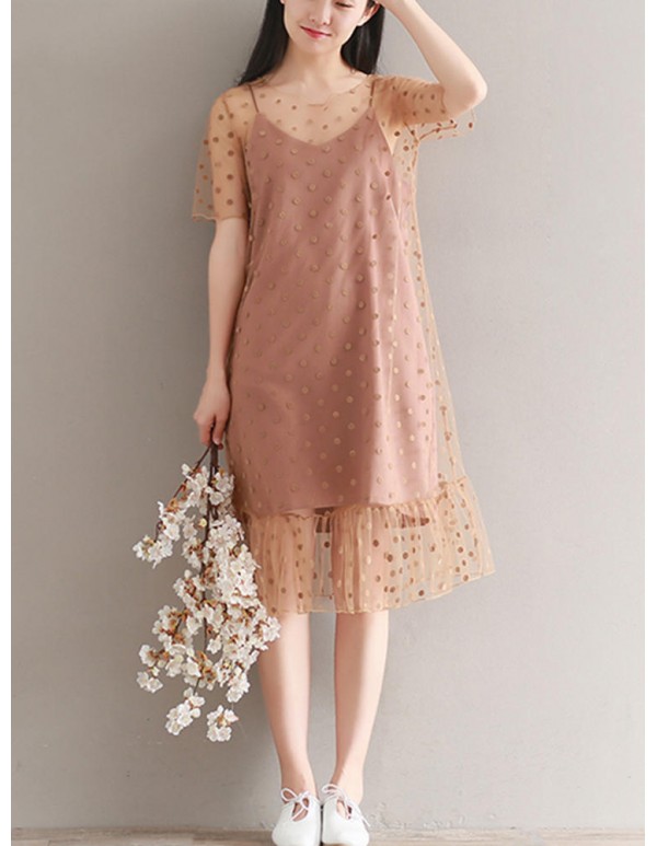 S-3XL Casual Women Dot Two Piece Dress