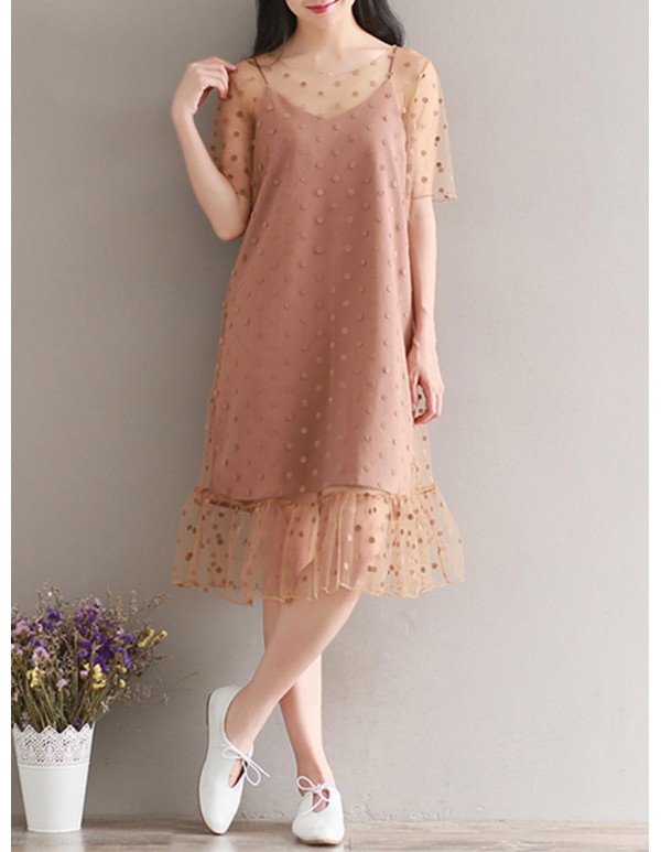 S-3XL Casual Women Dot Two Piece Dress