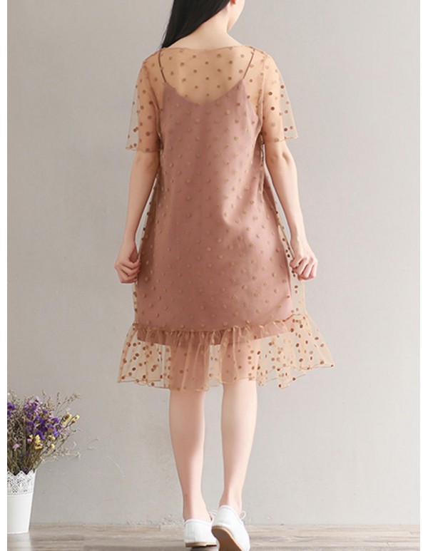 S-3XL Casual Women Dot Two Piece Dress