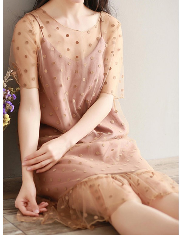 S-3XL Casual Women Dot Two Piece Dress
