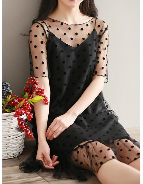 S-3XL Casual Women Dot Two Piece Dress