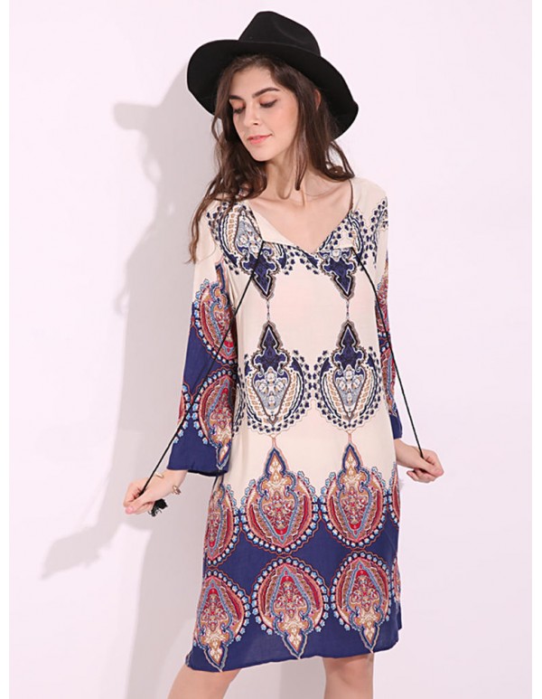 Plus Size Floral Women Dress V-neck Tied Rope Dresses