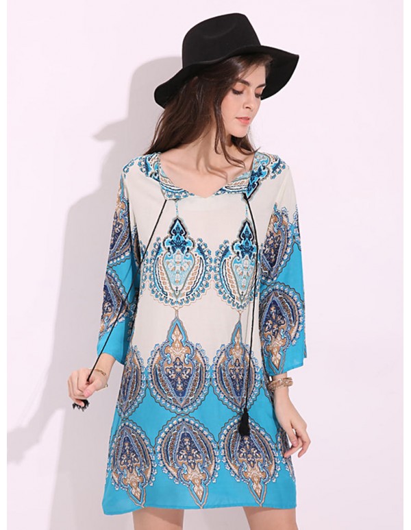 Plus Size Floral Women Dress V-neck Tied Rope Dresses