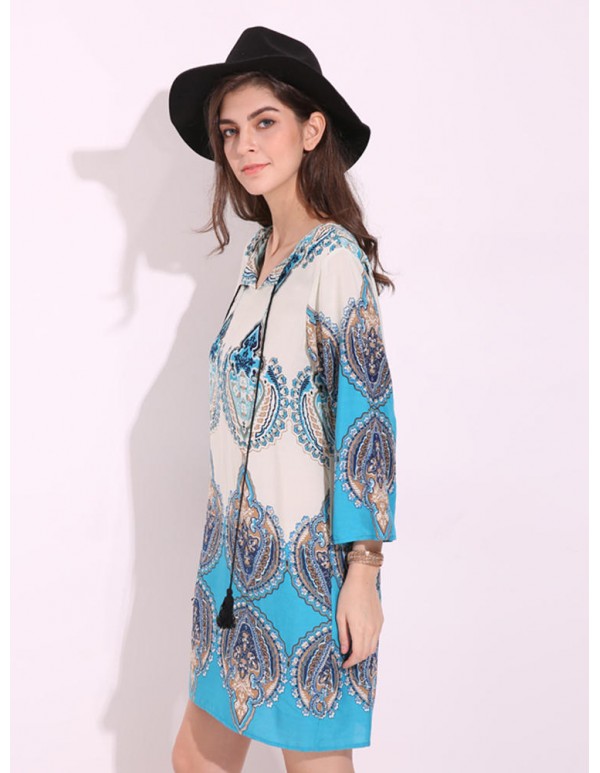 Plus Size Floral Women Dress V-neck Tied Rope Dresses